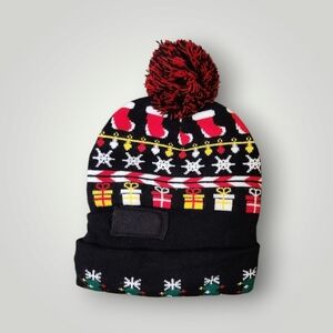 LED Christmas Hat Knitted Beanie Kids Winter Pom Pom Flashing Light Up Xmas Caps